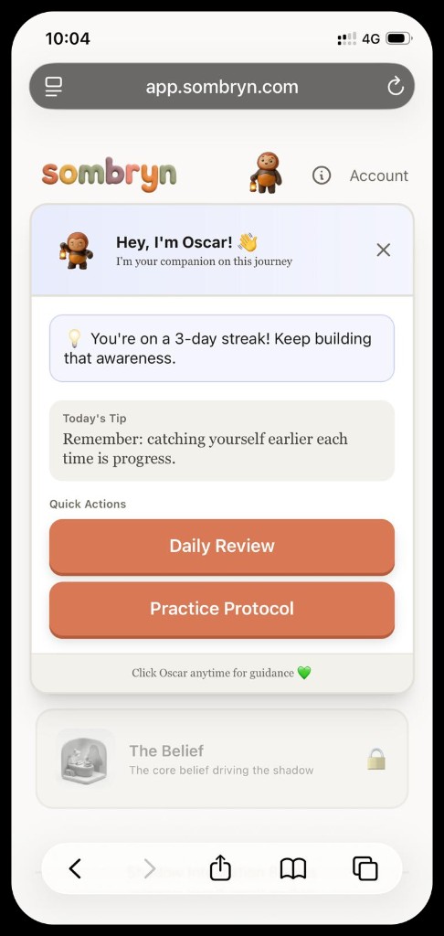 Sombryn daily practice screen with quick actions